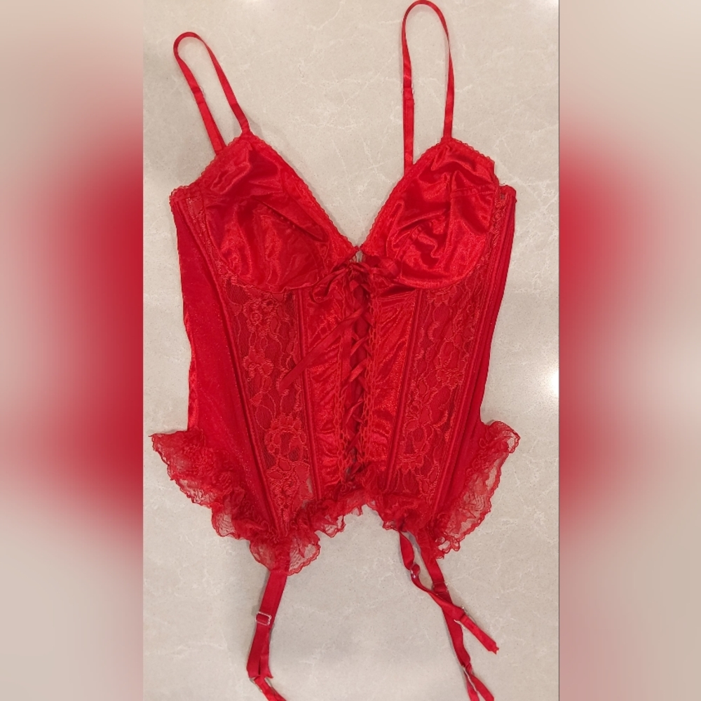 Vintage Sexy Red Satin and Lace Stretch Corset. Size XL.
